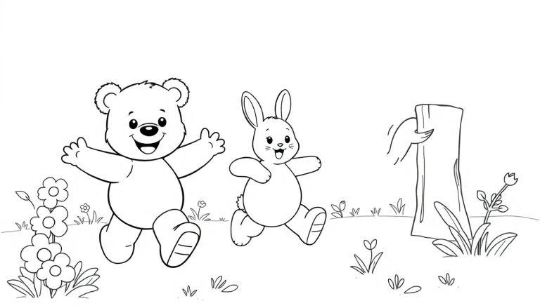 Schwarz-weiße Farbtafel eines Teddybären und eines Hasen, die fröhlich im Freien laufen.