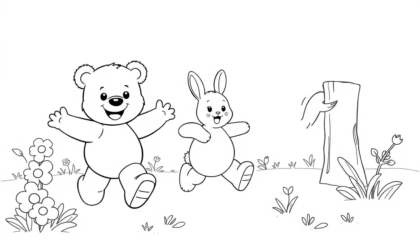 Schwarz-weiße Farbtafel eines Teddybären und eines Hasen, die fröhlich im Freien laufen.