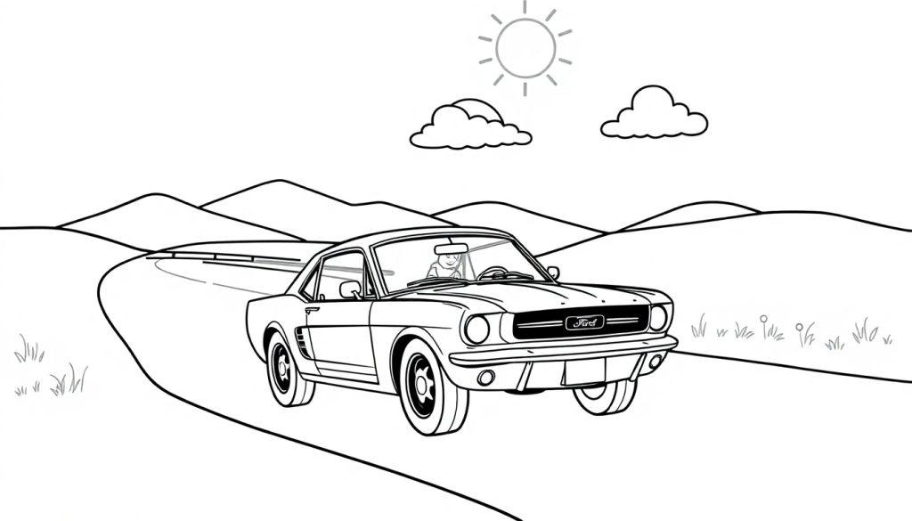 Schwarz-weiße Farbtafel eines Ford Mustang, der auf einer kurvigen Straße durch eine hügelige Landschaft fährt, mit Sonne und Wolken am Himmel.