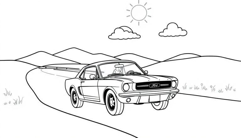 Schwarz-weiße Farbtafel eines Ford Mustang, der auf einer kurvigen Straße durch eine hügelige Landschaft fährt, mit Sonne und Wolken am Himmel.