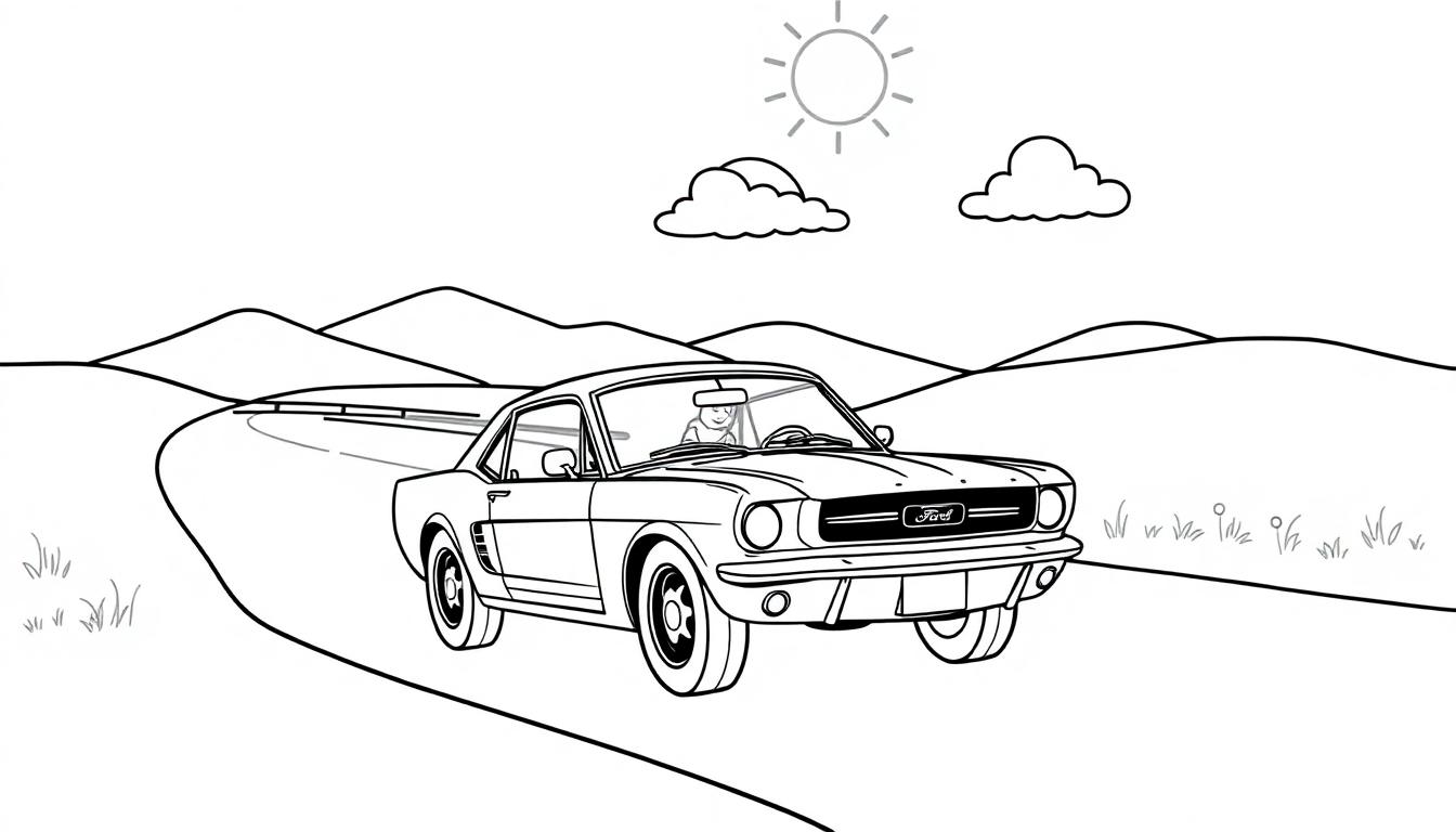 Schwarz-weiße Farbtafel eines Ford Mustang, der auf einer kurvigen Straße durch eine hügelige Landschaft fährt, mit Sonne und Wolken am Himmel.