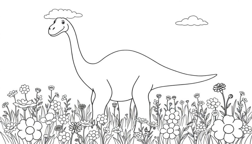 Eine schwarz-weiße Farbtafel-Zeichnung eines freundlichen Brachiosaurus mit einem Hut aus einer Wolke auf einer Blumenwiese.