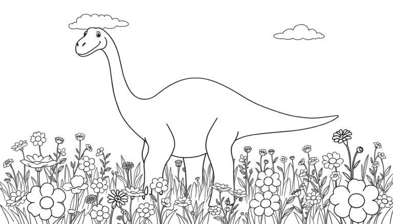 Eine schwarz-weiße Farbtafel-Zeichnung eines freundlichen Brachiosaurus mit einem Hut aus einer Wolke auf einer Blumenwiese.
