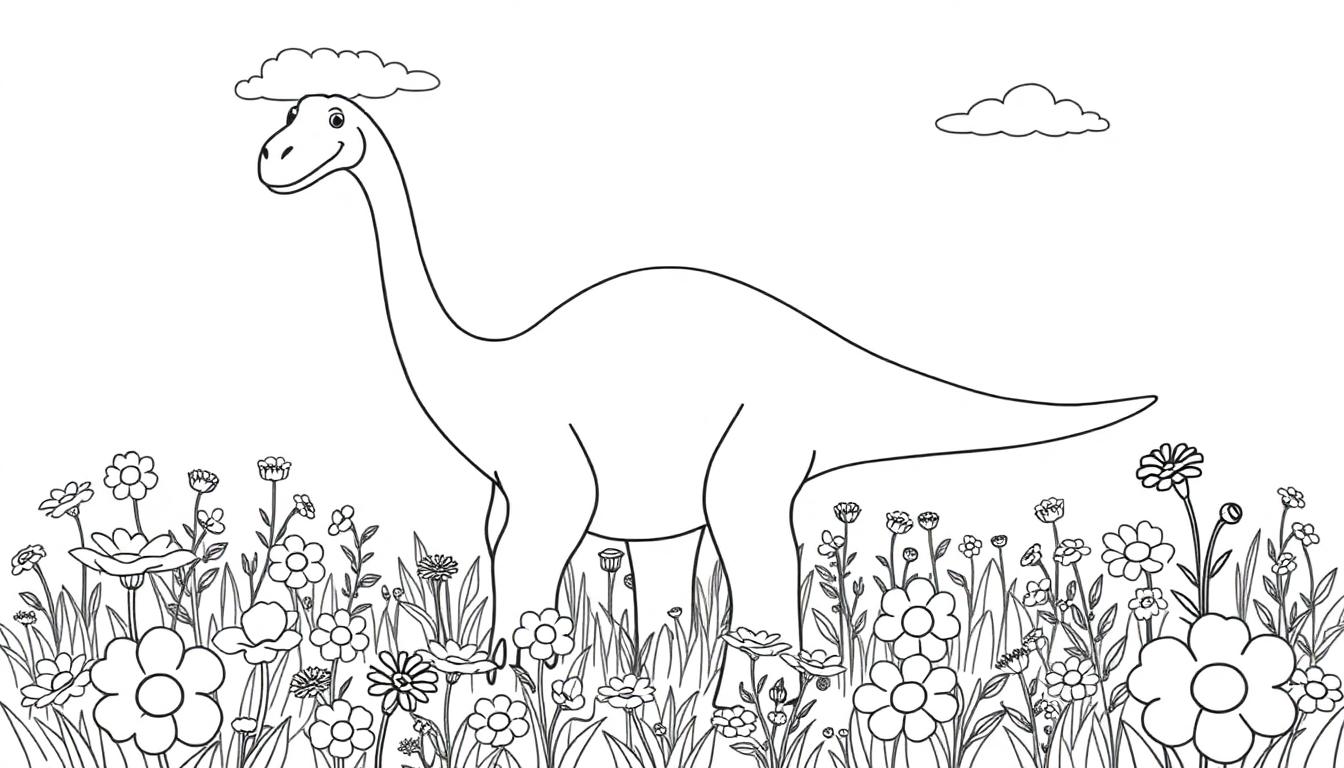 Eine schwarz-weiße Farbtafel-Zeichnung eines freundlichen Brachiosaurus mit einem Hut aus einer Wolke auf einer Blumenwiese.