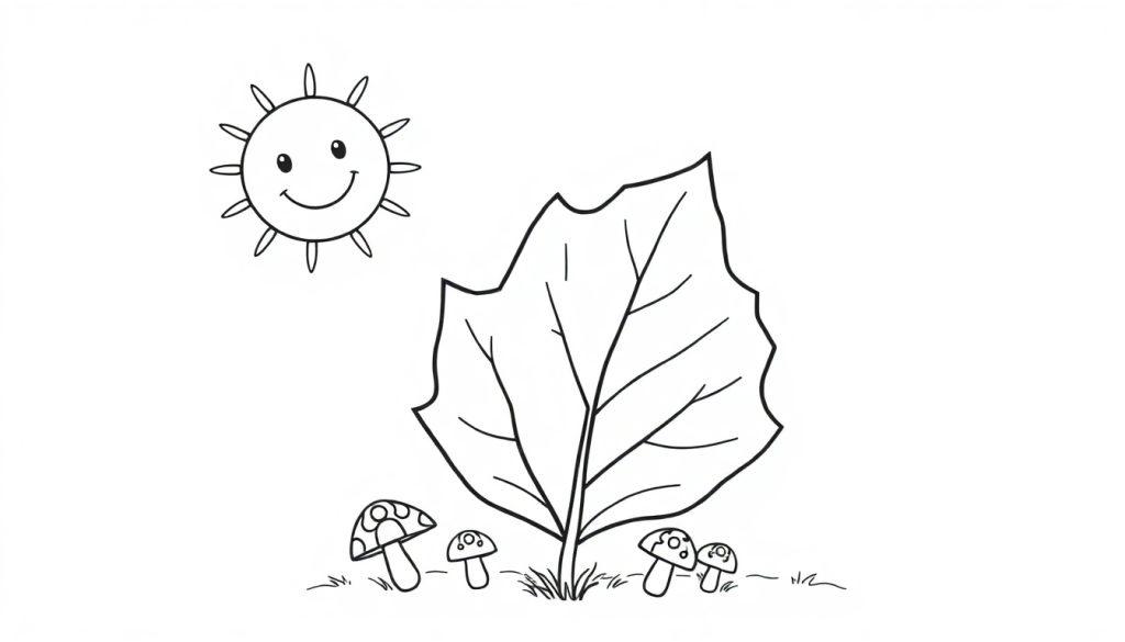 Schwarz-weiße Farbtafel eines Herbstblatts mit einer lächelnden Sonne und Pilzen.