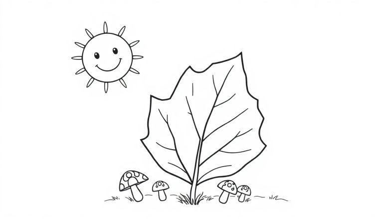 Schwarz-weiße Farbtafel eines Herbstblatts mit einer lächelnden Sonne und Pilzen.
