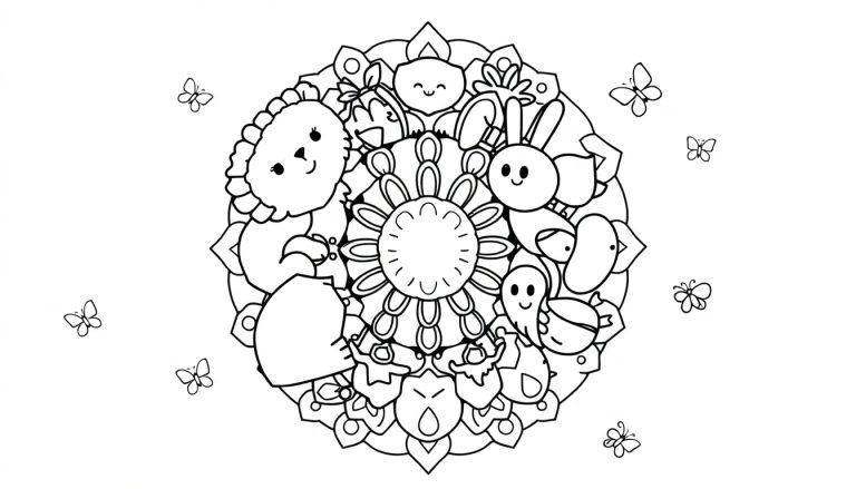 Schwarz-weiße Farbtafel eines niedlichen Mandala-Designs mit Cartoon-Tieren und Blumenmustern, bereit zum Ausmalen.
