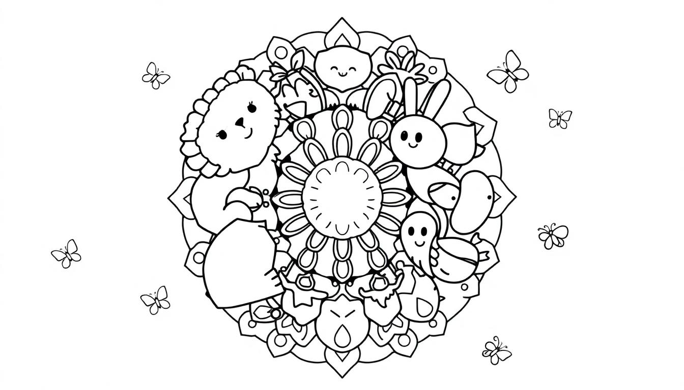 Schwarz-weiße Farbtafel eines niedlichen Mandala-Designs mit Cartoon-Tieren und Blumenmustern, bereit zum Ausmalen.