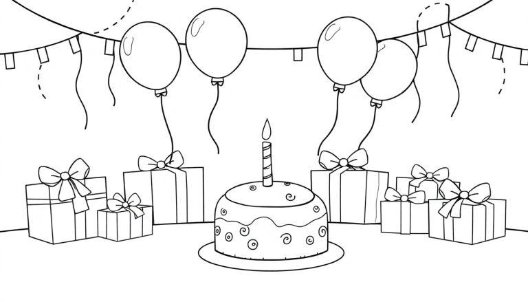 Schwarz-weiße Malvorlage einer Geburtstagsfeier mit Kuchen, Luftballons und Geschenken. Farbtafel.