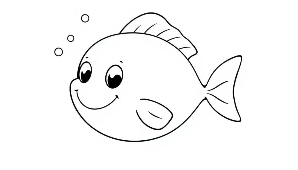 Eine einfache Schwarz-Weiß-Farbtafel eines glücklichen Fisches mit großen Augen und einer gegabelten Schwanzflosse, der Blasen ausstößt.