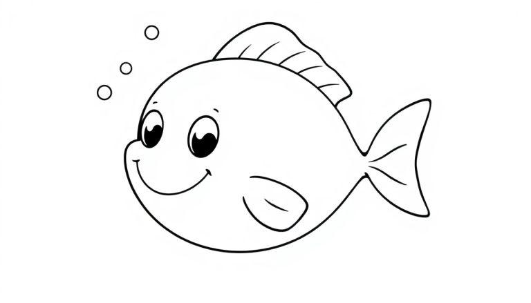 Eine einfache Schwarz-Weiß-Farbtafel eines glücklichen Fisches mit großen Augen und einer gegabelten Schwanzflosse, der Blasen ausstößt.