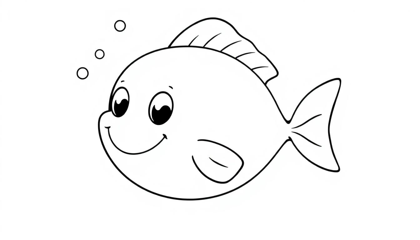 Eine einfache Schwarz-Weiß-Farbtafel eines glücklichen Fisches mit großen Augen und einer gegabelten Schwanzflosse, der Blasen ausstößt.