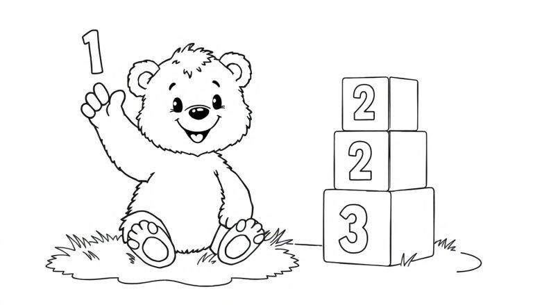 Cartoon-Bär mit Zahlenblöcken, Malvorlage.