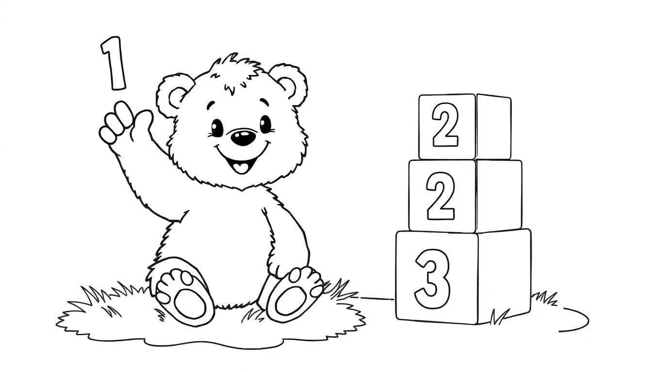 Cartoon-Bär mit Zahlenblöcken, Malvorlage.