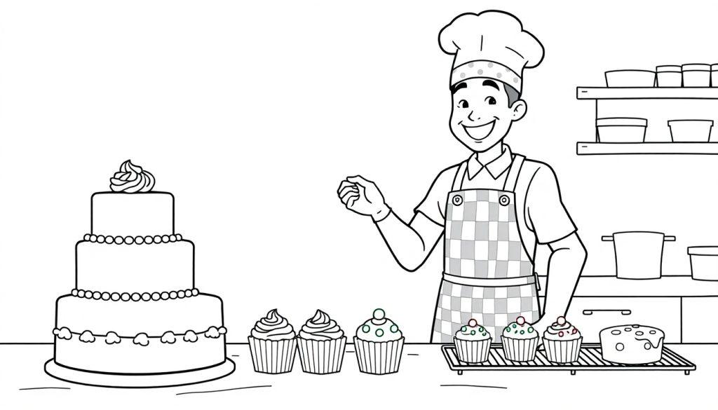 Schwarz-Weiß-Farbtafel-Zeichnung eines freundlichen Bäckers mit Kochmütze, der auf einem Tresen mit Torten und Cupcakes steht.