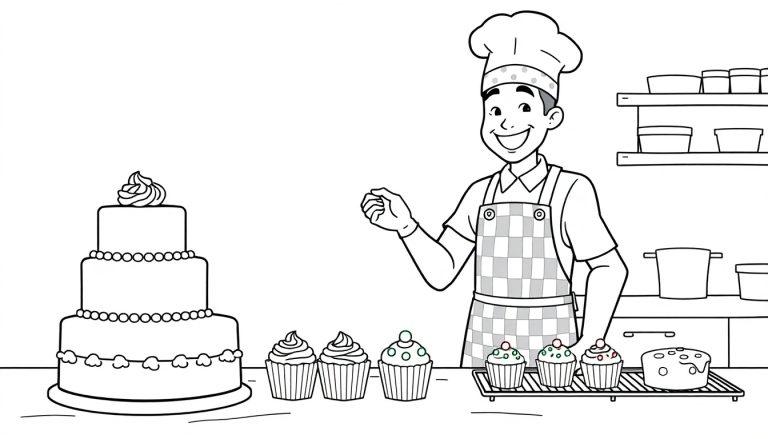 Schwarz-Weiß-Farbtafel-Zeichnung eines freundlichen Bäckers mit Kochmütze, der auf einem Tresen mit Torten und Cupcakes steht.