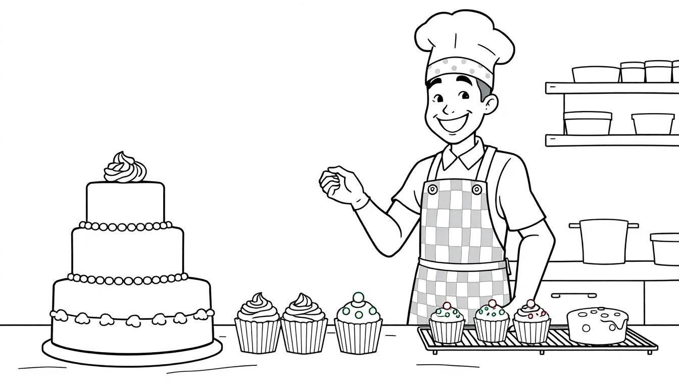 Schwarz-Weiß-Farbtafel-Zeichnung eines freundlichen Bäckers mit Kochmütze, der auf einem Tresen mit Torten und Cupcakes steht.