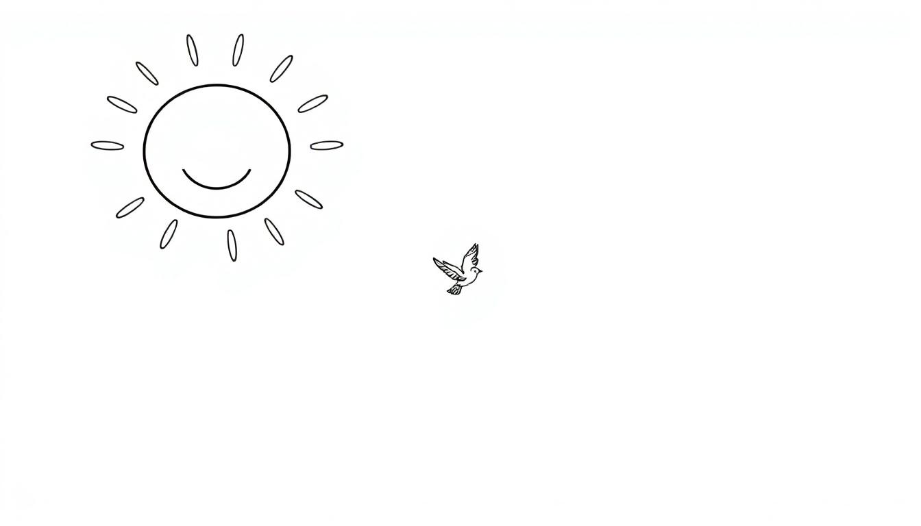 Eine schwarz-weisse Farbtafel mit einer lachenden Sonne und einem Vogel im Flug zum Ausmalen.