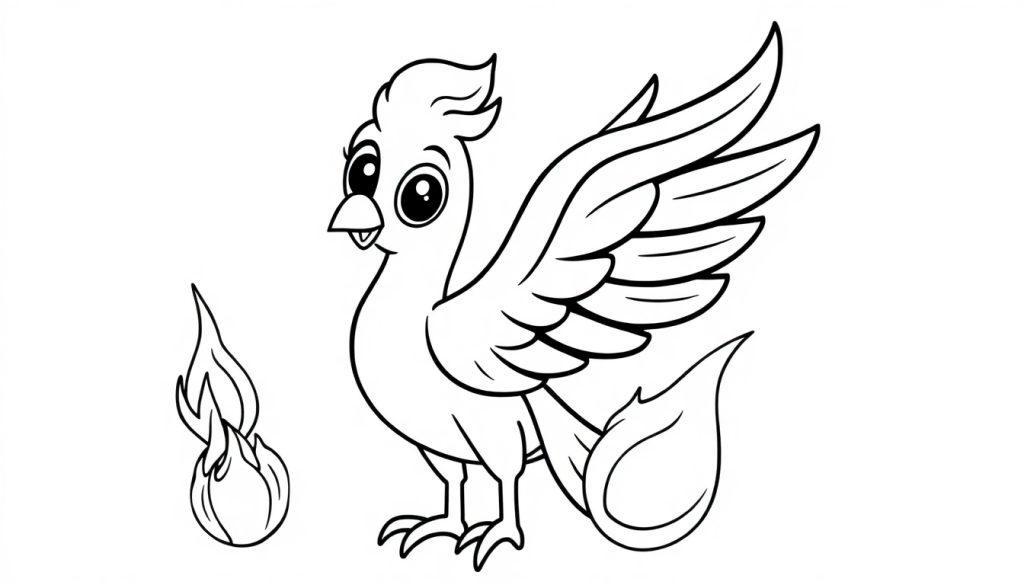Ein freundlicher Cartoon-Phönix mit großen Augen, der aus einer kleinen Flamme aufersteht, bereit zum Ausmalen. Farbtafel.