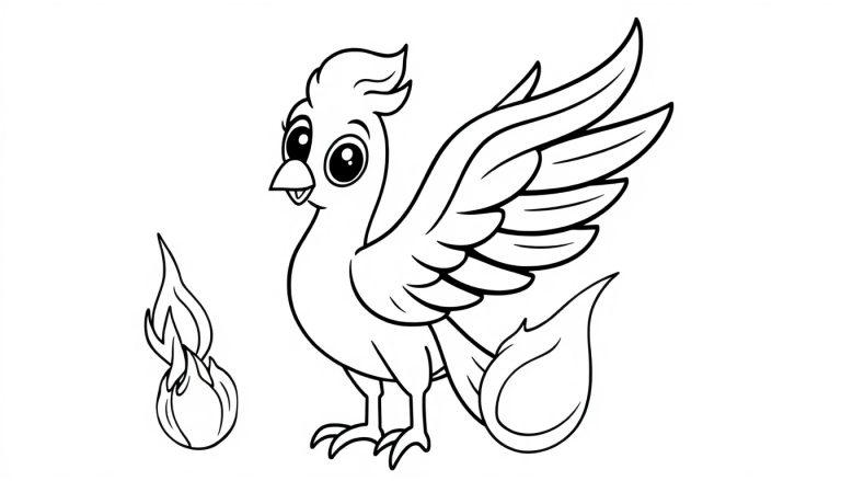 Ein freundlicher Cartoon-Phönix mit großen Augen, der aus einer kleinen Flamme aufersteht, bereit zum Ausmalen. Farbtafel.
