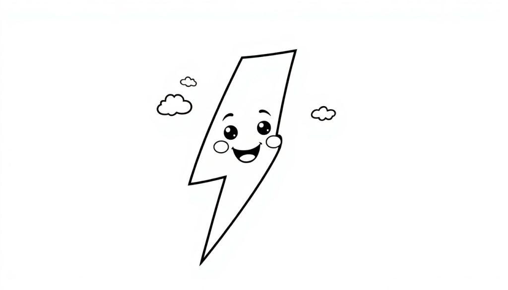 Eine Schwarzweiß-Farbtafel eines freundlichen Cartoon-Blitzes mit großen Augen und einem Lächeln, umgeben von kleinen Wolken.