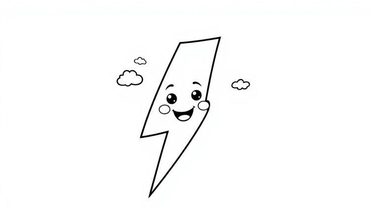 Eine Schwarzweiß-Farbtafel eines freundlichen Cartoon-Blitzes mit großen Augen und einem Lächeln, umgeben von kleinen Wolken.