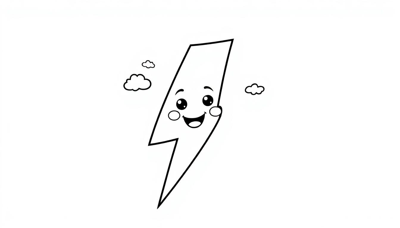 Eine Schwarzweiß-Farbtafel eines freundlichen Cartoon-Blitzes mit großen Augen und einem Lächeln, umgeben von kleinen Wolken.