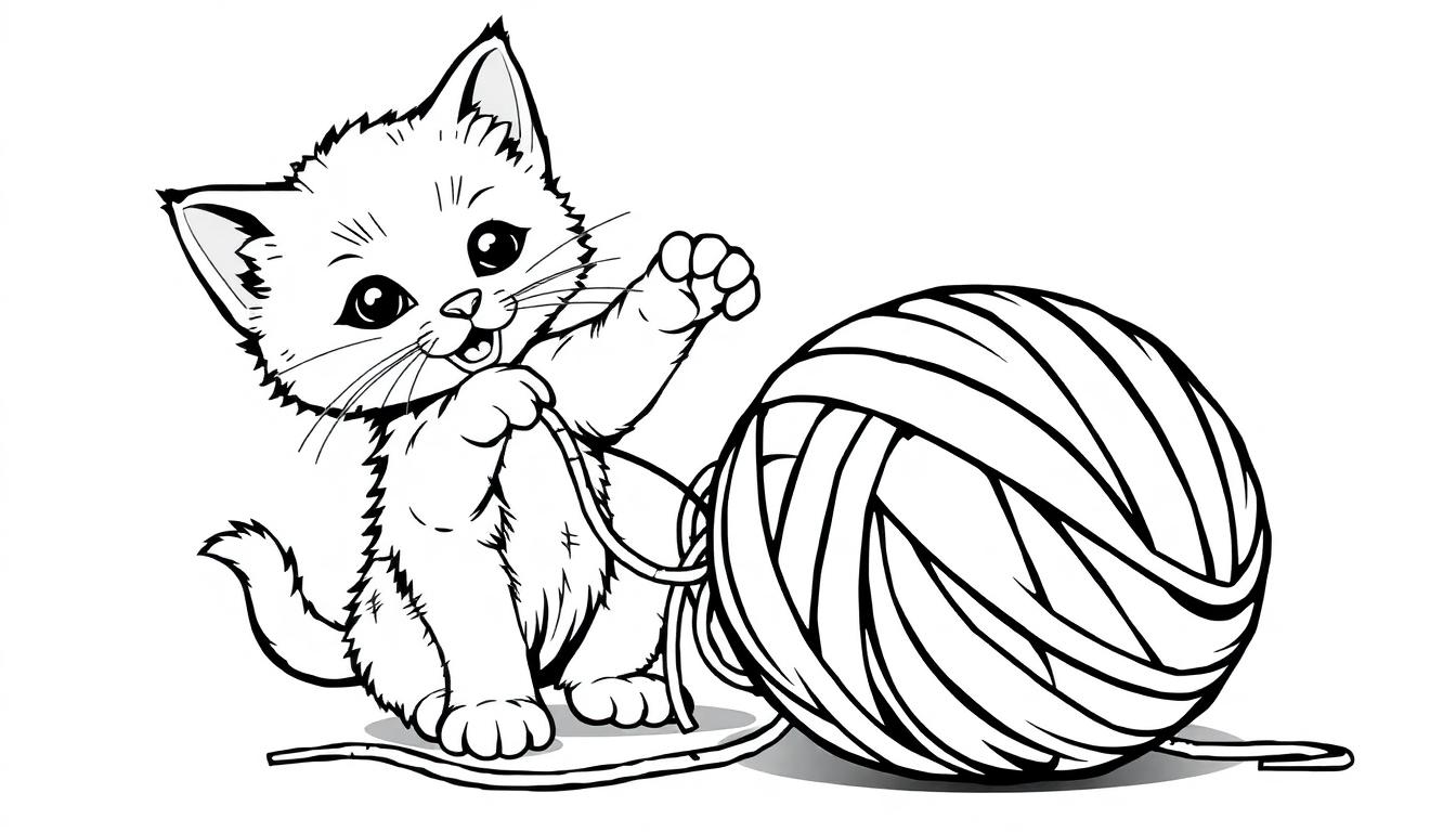Eine süße Cartoon-Katze spielt mit einem großen Wollknäuel, eine Farbtafel für Kinder.