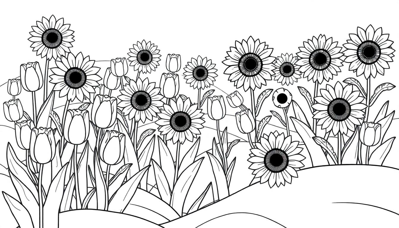Schwarz-Weiß-Illustration einer Blumenwiese mit Sonnenblumen und Tulpen auf Hügeln.