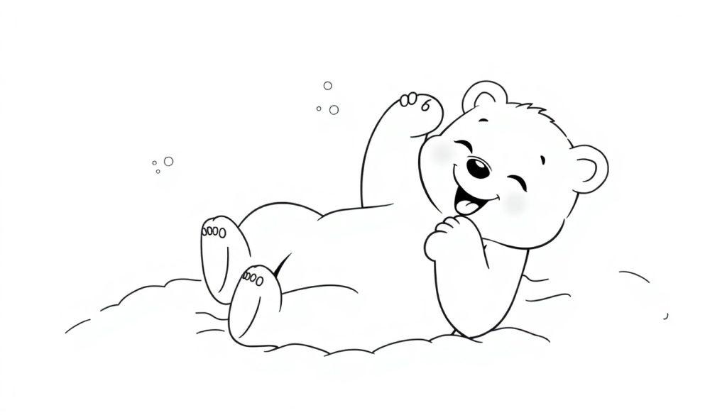 Ein niedlicher Eisbärbaby als Farbtafel, der auf dem Rücken liegt und im Schnee spielt.