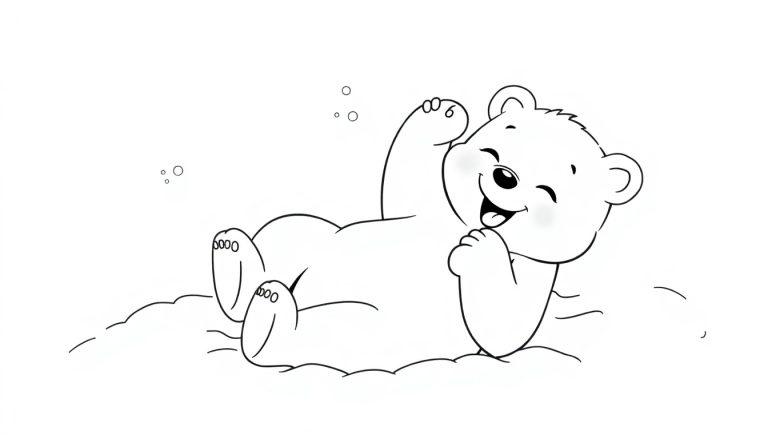 Ein niedlicher Eisbärbaby als Farbtafel, der auf dem Rücken liegt und im Schnee spielt.