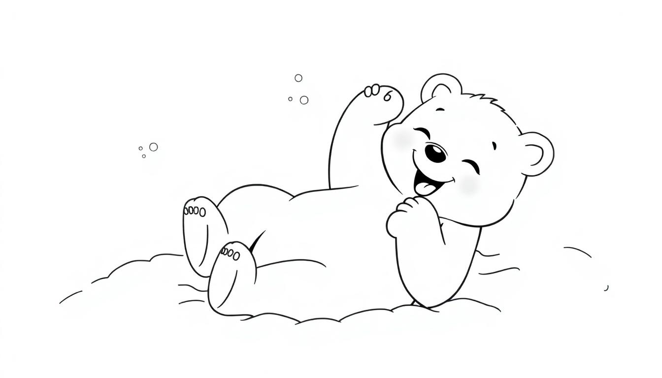 Ein niedlicher Eisbärbaby als Farbtafel, der auf dem Rücken liegt und im Schnee spielt.