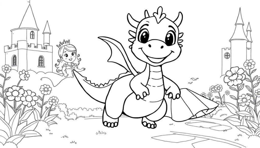 Schwarz-Weiß-Farbtafel: Ein Cartoon-Drache und eine Prinzessin stehen vor einem Schloss.