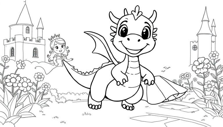 Schwarz-Weiß-Farbtafel: Ein Cartoon-Drache und eine Prinzessin stehen vor einem Schloss.