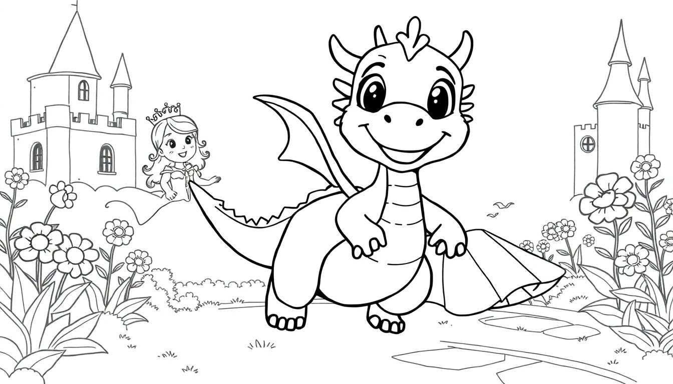 Schwarz-Weiß-Farbtafel: Ein Cartoon-Drache und eine Prinzessin stehen vor einem Schloss.