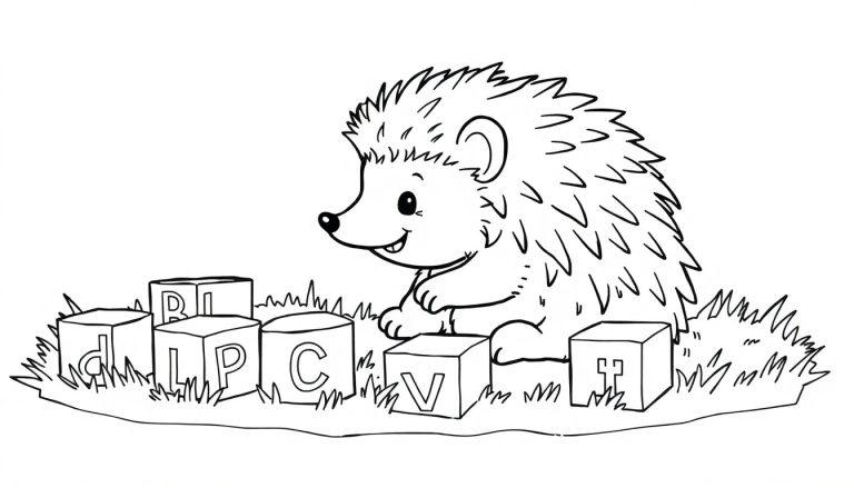 Schwarz-Weiß-Farbtafel: Ein süßer Igel sitzt zwischen Bauklötzen mit Buchstaben, ideal für Schreibübungen.