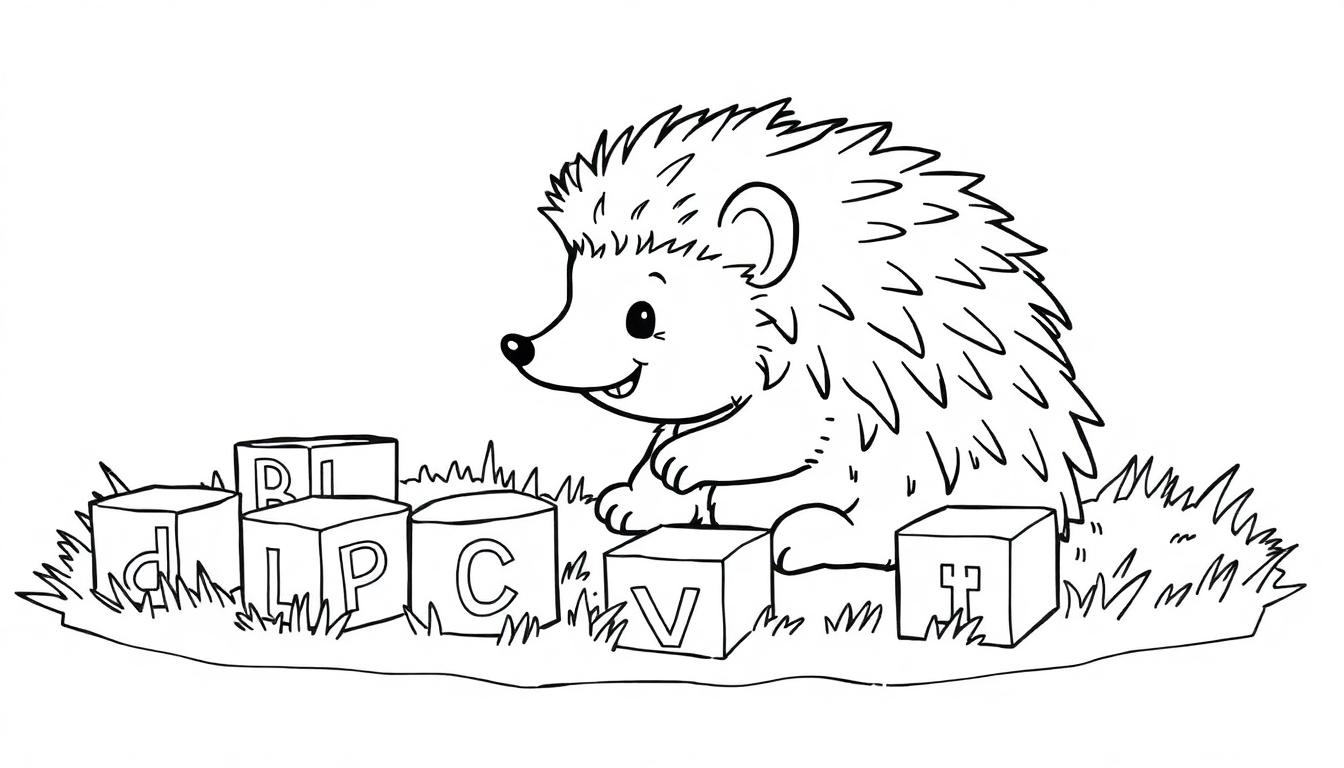Schwarz-Weiß-Farbtafel: Ein süßer Igel sitzt zwischen Bauklötzen mit Buchstaben, ideal für Schreibübungen.