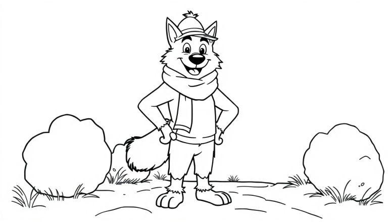 Ein fröhlicher Wolf mit Hut und Schal steht in einer Winterlandschaft und ist bereit zum Ausmalen, eine Farbtafel für Kinder.
