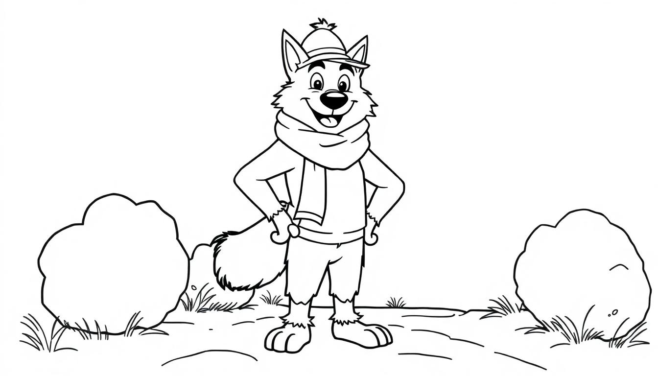 Ein fröhlicher Wolf mit Hut und Schal steht in einer Winterlandschaft und ist bereit zum Ausmalen, eine Farbtafel für Kinder.