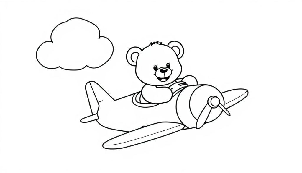 Ein niedlicher Cartoon-Teddybär fliegt in einem Flugzeug durch die Wolken auf dieser Schwarz-Weiß-Farbtafel.