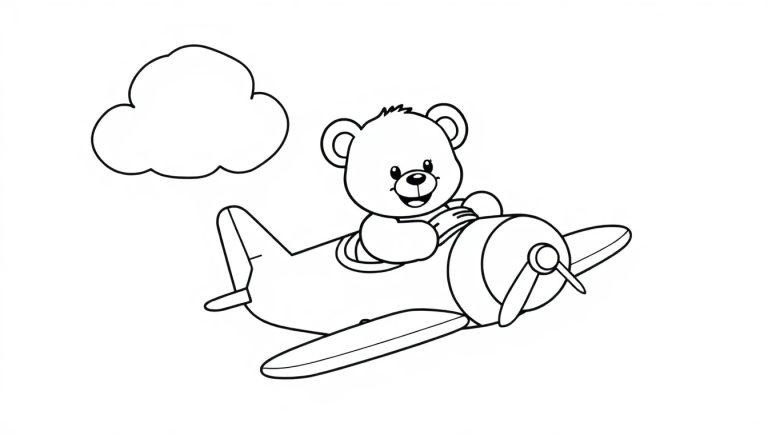 Ein niedlicher Cartoon-Teddybär fliegt in einem Flugzeug durch die Wolken auf dieser Schwarz-Weiß-Farbtafel.