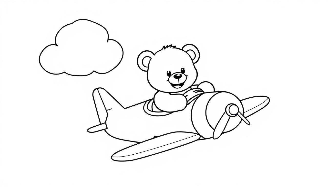 Ein niedlicher Cartoon-Teddybär fliegt in einem Flugzeug durch die Wolken auf dieser Schwarz-Weiß-Farbtafel.