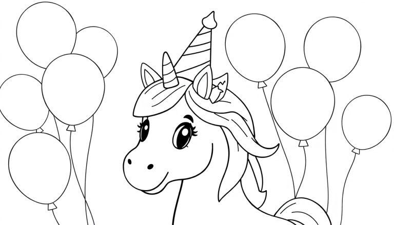 Schwarz-weiß-Farbtafel eines niedlichen Einhorns mit Geburtstagshut und Luftballons.