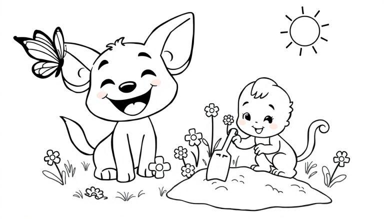 Eine Farbtafel-Illustration von Bluey und Bingo, die im Garten spielen. Eine Biene sitzt auf Blueys Kopf, während Bingo einen Spaten hält und auf einem Hügel sitzt, mit einer Sonne im Hintergrund.
