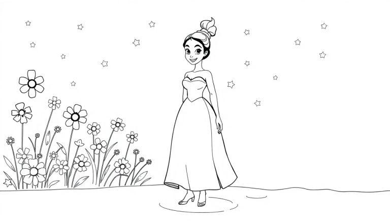 Schwarz-Weiß-Farbtafel einer jungen Frau im Ballkleid, die inmitten eines Gartens mit Blumen und Sternen steht, bereit zum Ausmalen.