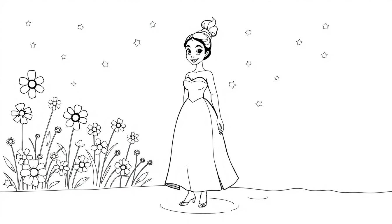 Schwarz-Weiß-Farbtafel einer jungen Frau im Ballkleid, die inmitten eines Gartens mit Blumen und Sternen steht, bereit zum Ausmalen.