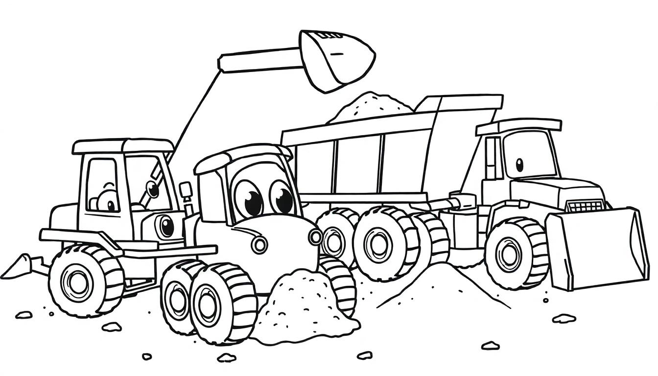 Drei fröhliche Cartoon-Baufahrzeuge auf einer Baustelle: ein Bagger, ein Traktor und ein Muldenkipper.