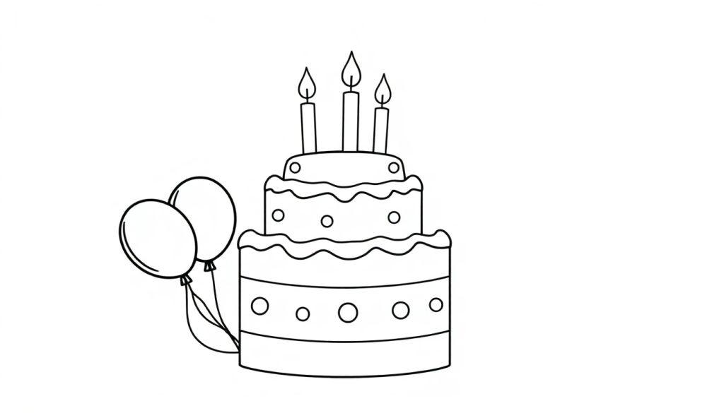 Eine Schwarz-Weiß-Farbtafel eines dreistöckigen Geburtstagskuchens mit drei brennenden Kerzen und zwei Ballons.