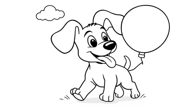 Eine Schwarz-Weiß-Zeichnung eines Cartoon-Hundes mit einem Ballon, ideal als Farbtafel.