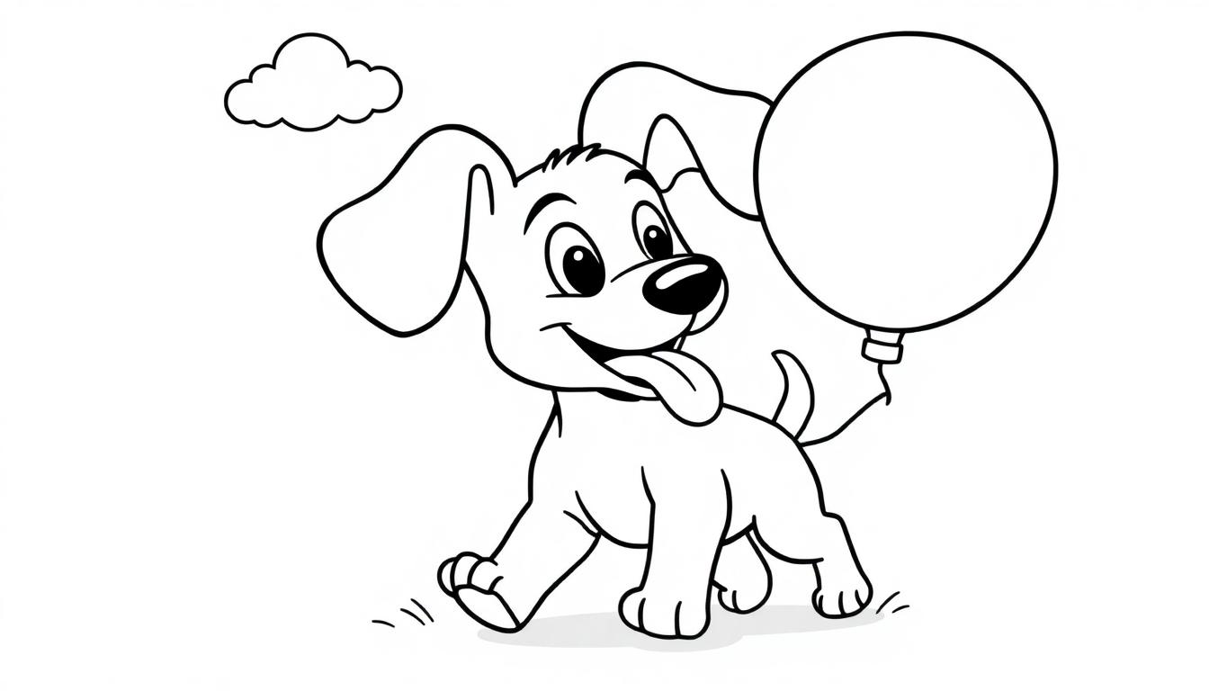 Eine Schwarz-Weiß-Zeichnung eines Cartoon-Hundes mit einem Ballon, ideal als Farbtafel.